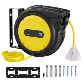 Retractable Extension Cord Reel, 80 FT, Heavy Duty 12AWG/3C SJTOW Retractable Power Cord with Lighted Triple Tap Outlet
