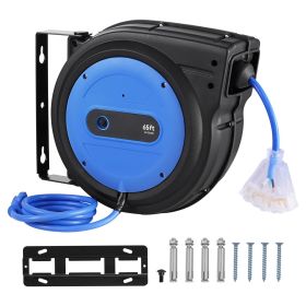 Retractable Extension Cord Reel, 65 FT, Heavy Duty 12AWG/3C SJTOW Retractable Power Cord with Lighted Triple Tap Outlet